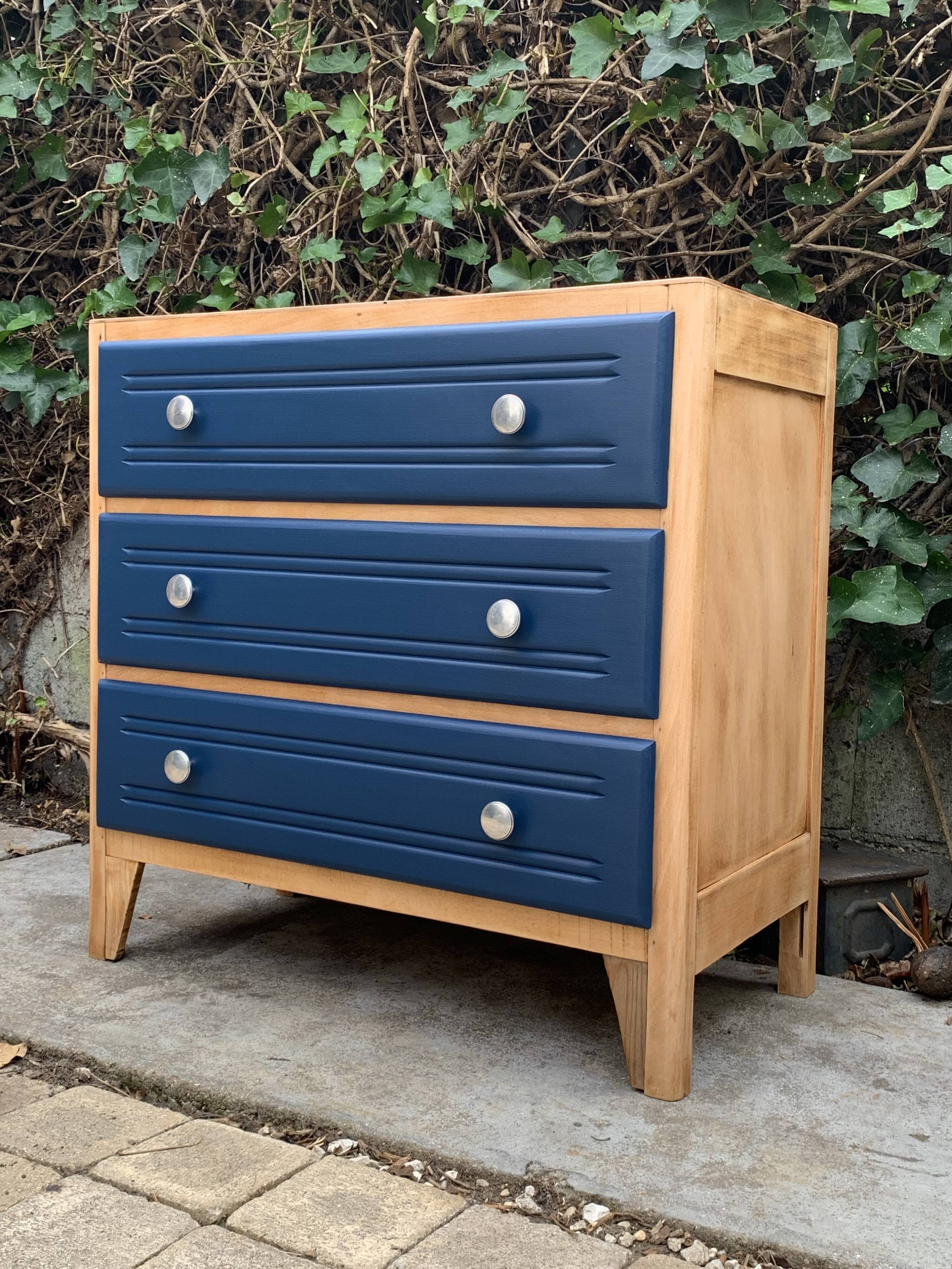Art Deco chest of drawers in raw wood and blue, 1940