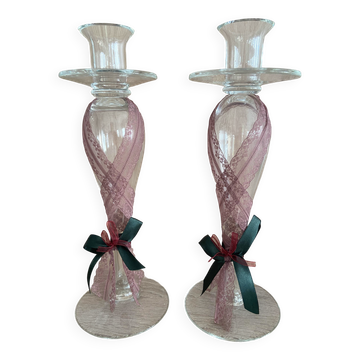 Pair of Candlesticks Candle Holders Design Blown Glass Decorative