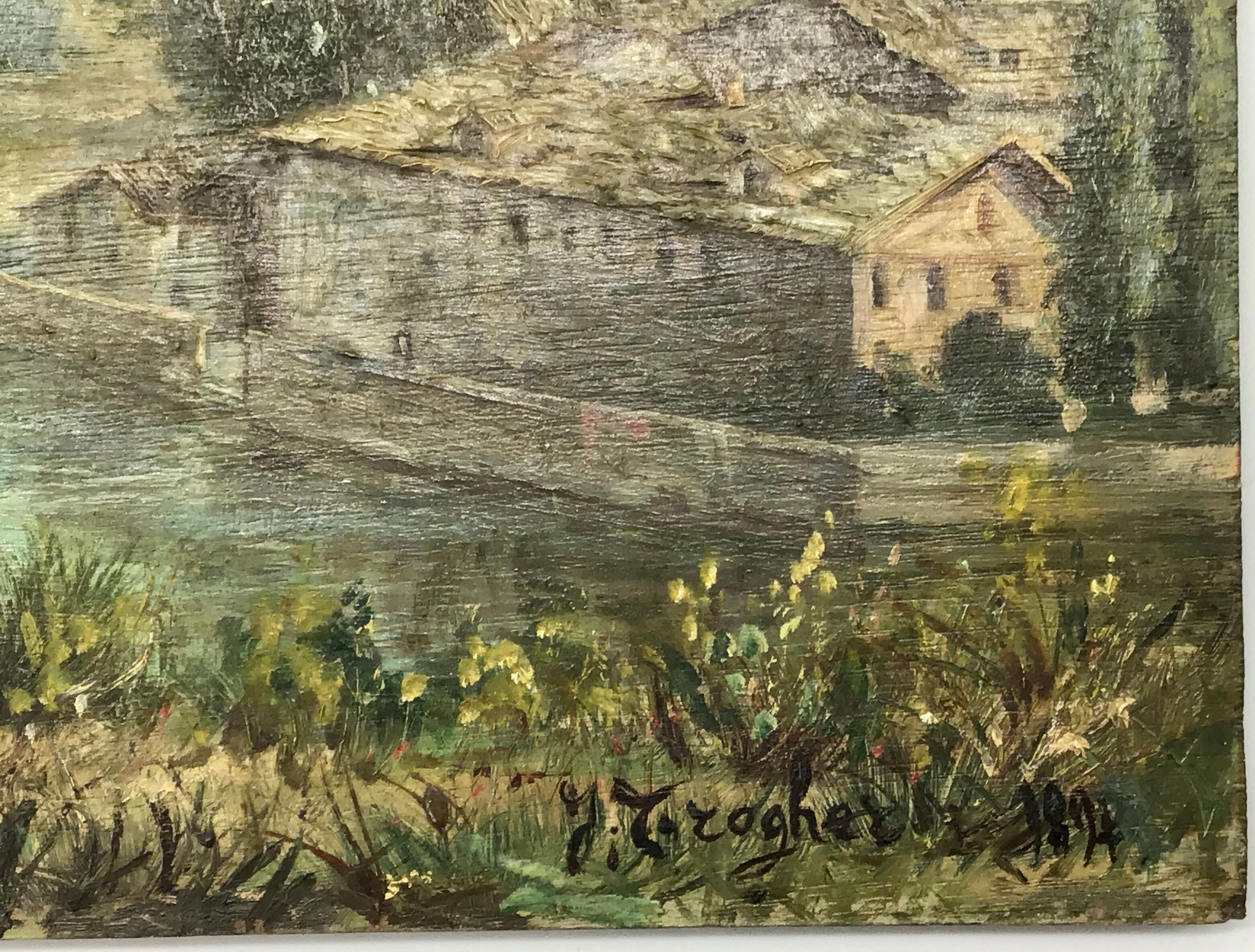 Ancient painting , Swiss landscape, signed and dated 1894