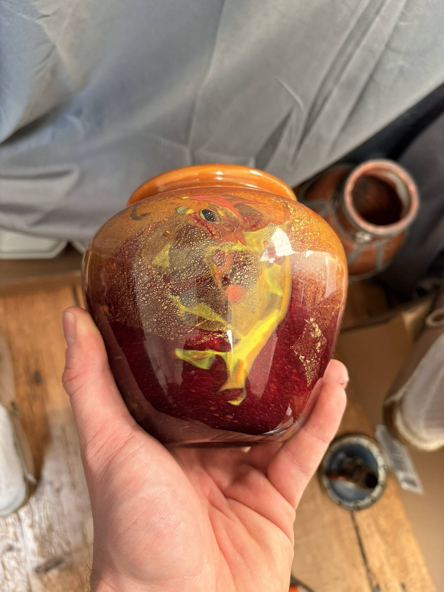 Vase Pot Paste Glass Blown Red Orange Lacquered Marbled Signed Dated Art Deco