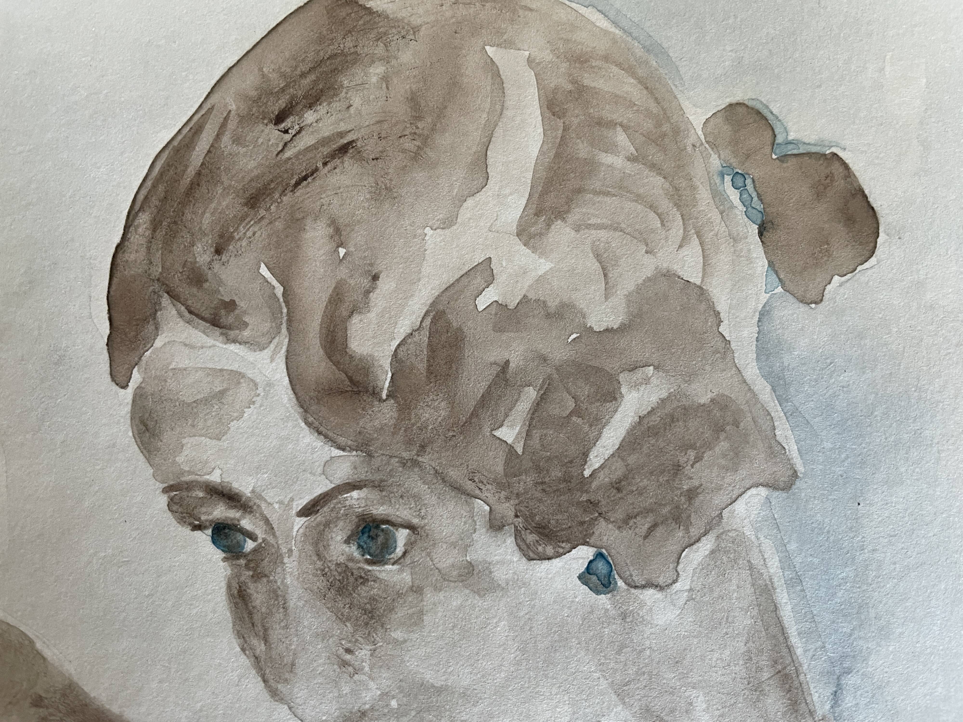 Watercolor painting signed female portrait “sapphire ring”