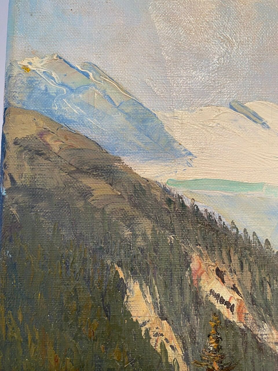 Old painting, Swiss mountain landscape signed H Herzer, mid-XX century