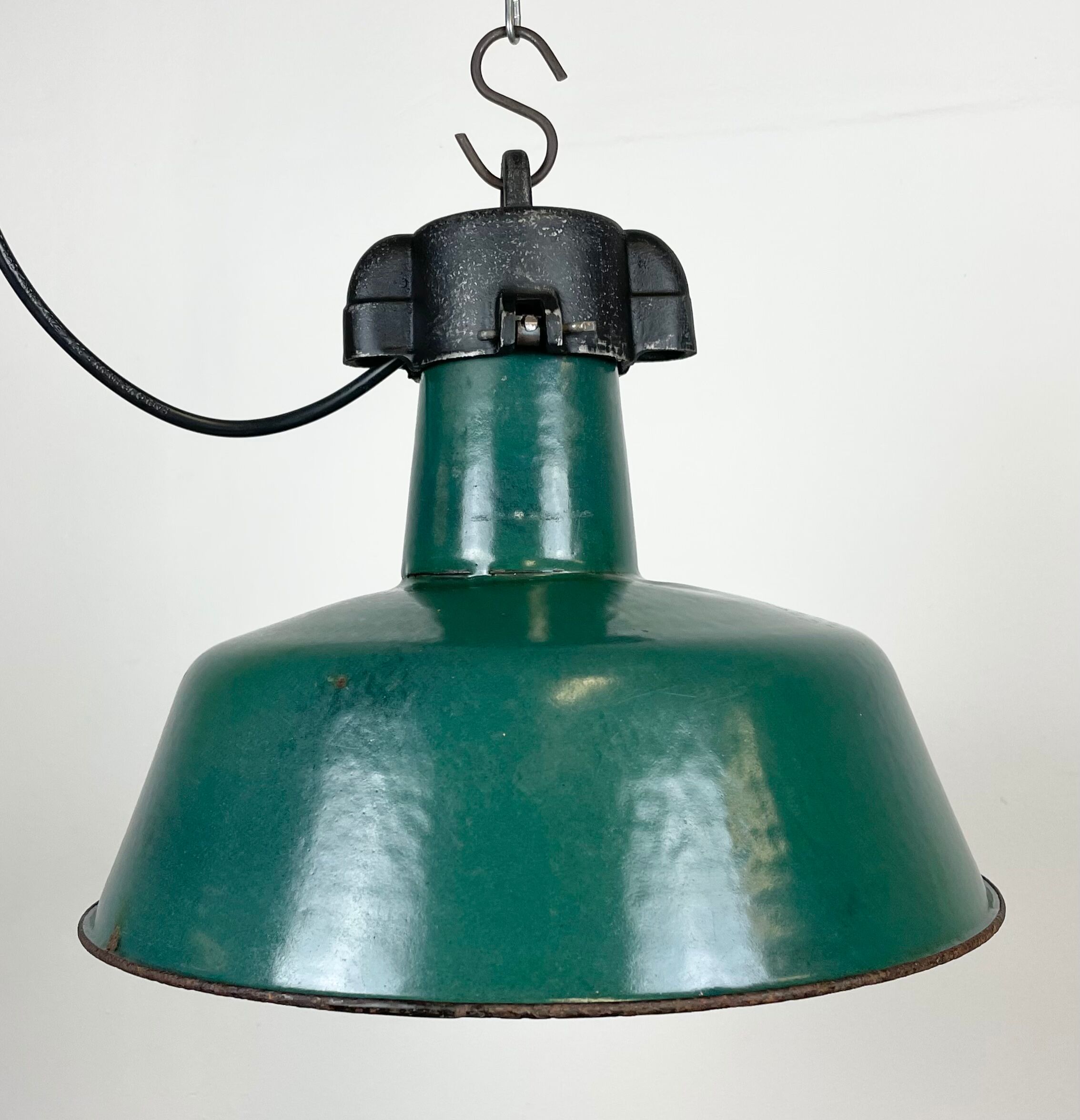Industrial Green Enamel Factory Lamp with Cast Iron Top, 1960s
