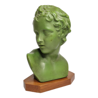 Bust of Eros in patinated plaster in imitation of bronze on wooden base