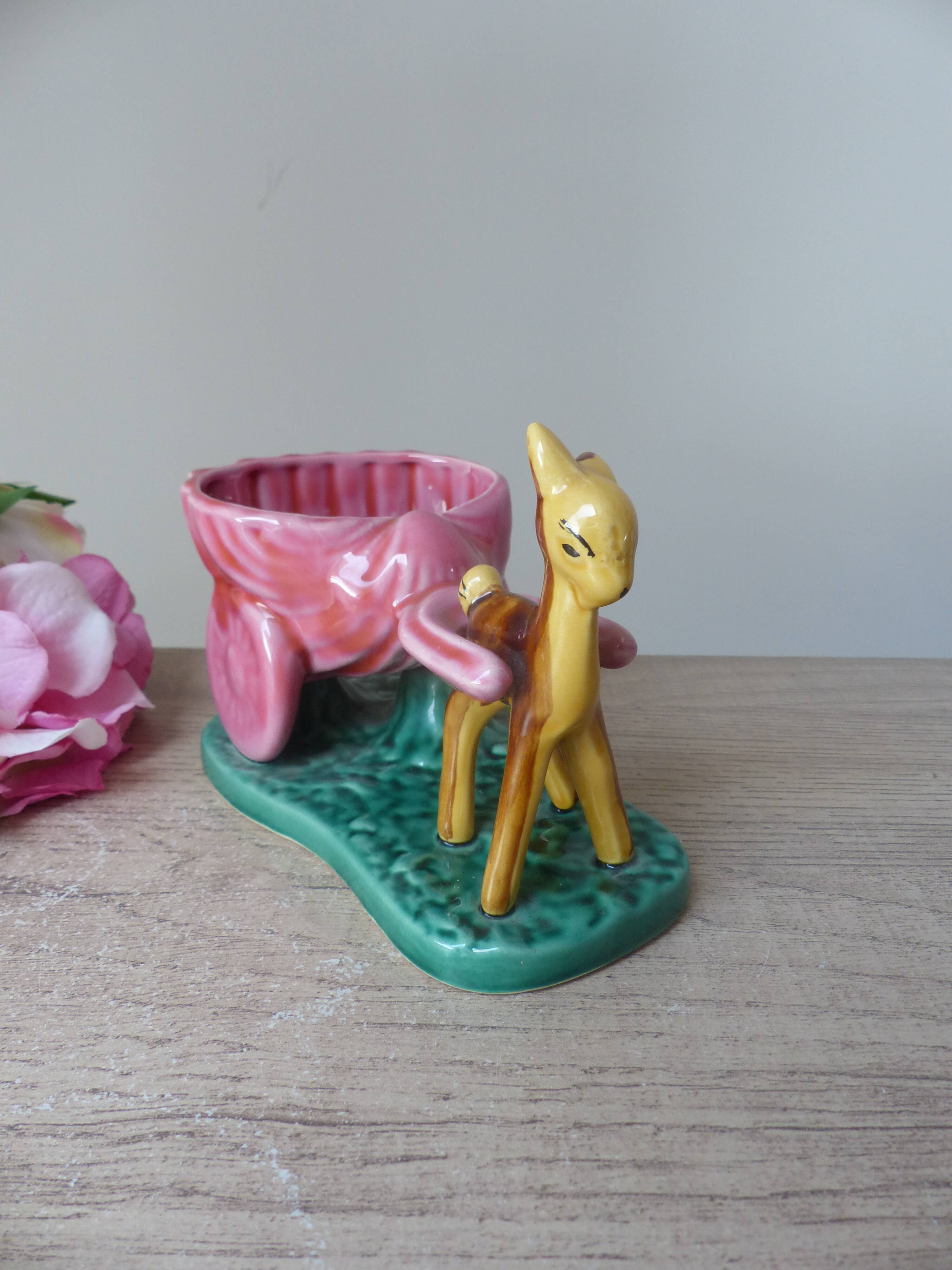 Pot, vase, small doe fawn planter pulling a vintage ceramic cart