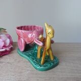 Pot, vase, small doe fawn planter pulling a vintage ceramic cart