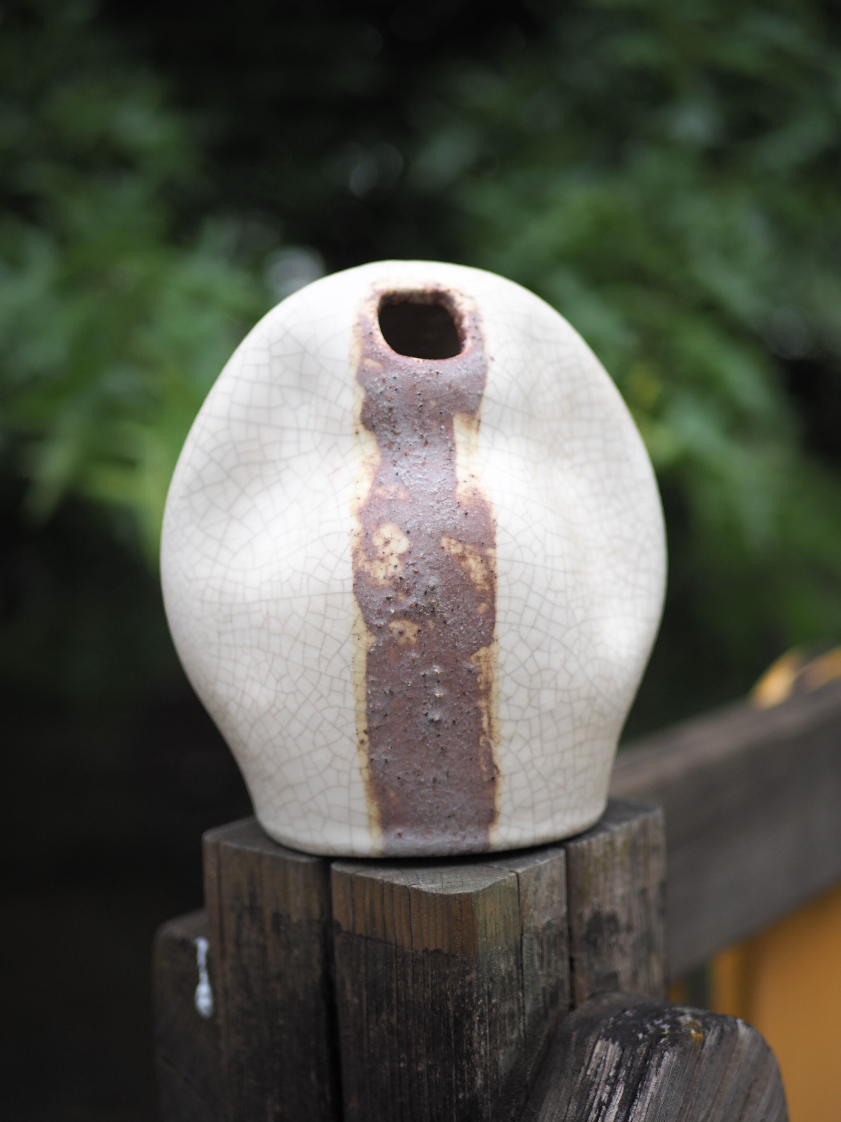 Free-form Soliflore - cracked white enamel - organic ceramic - 80s