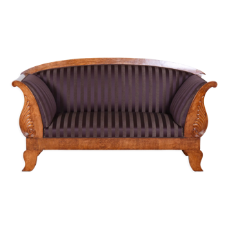 Restored castle biedermeier birch sofa, new upholstery, sweden, 1820s