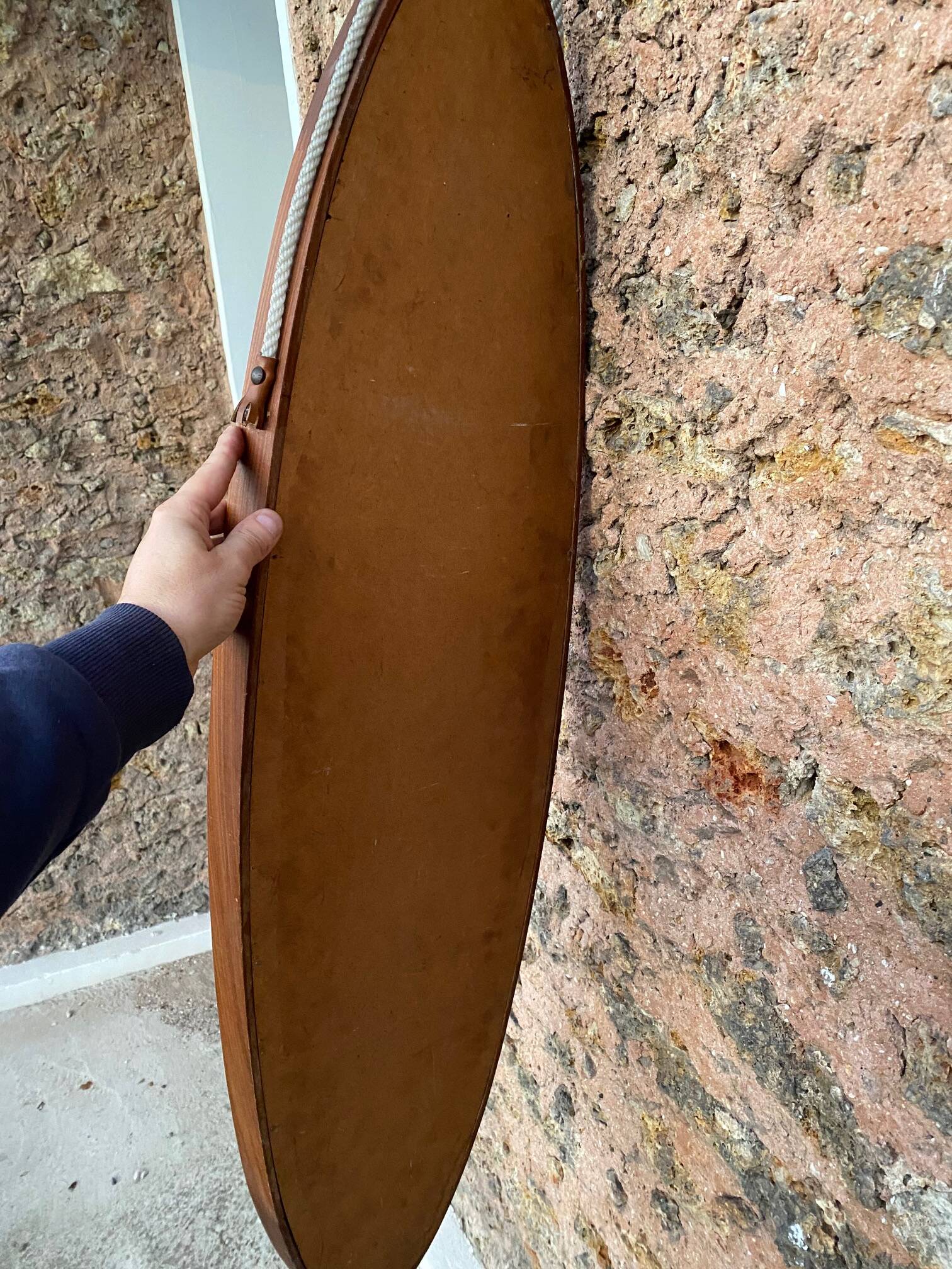 Vintage hanging oval mirror in teak Italian design