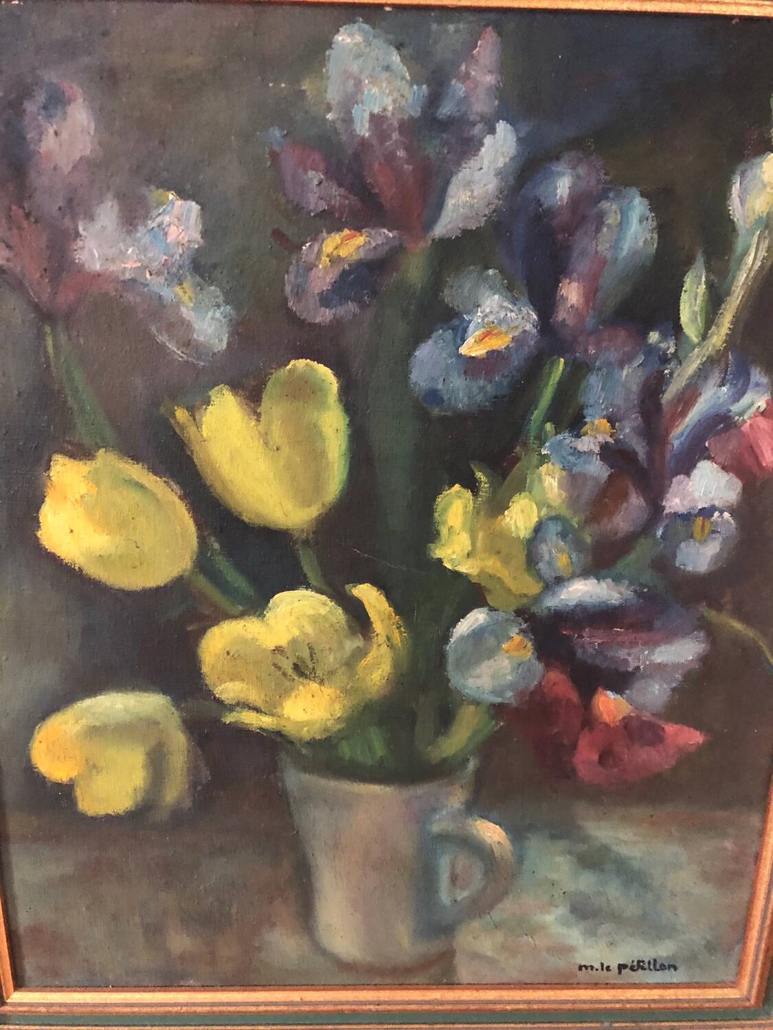 Oil on canvas still life tulips irises