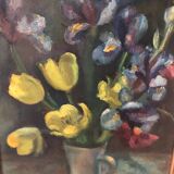 Oil on canvas still life tulips irises