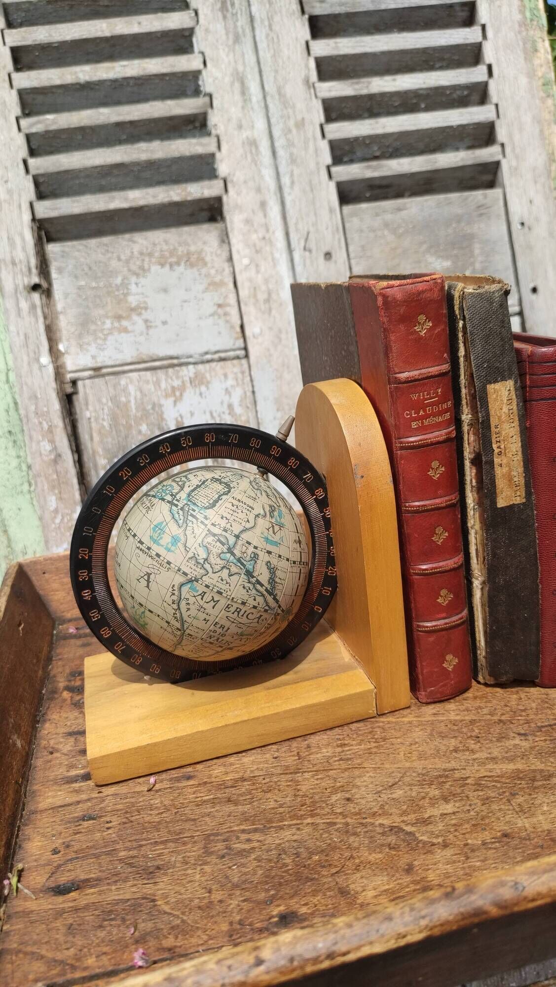 Pair of greenhouses vintage wooden books world map