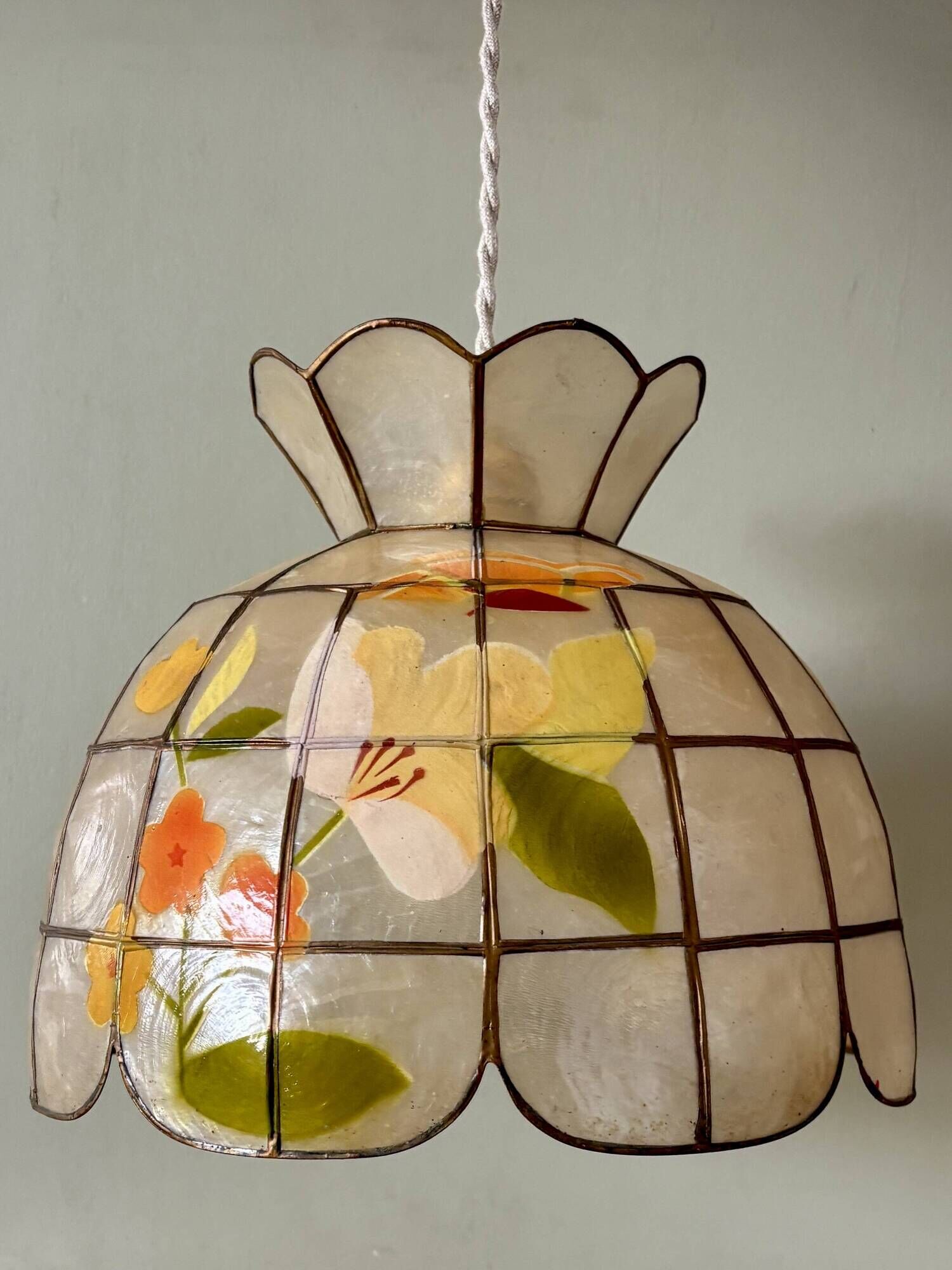 Vintage mother-of-pearl and brass lampshade pendant light with flower decorations