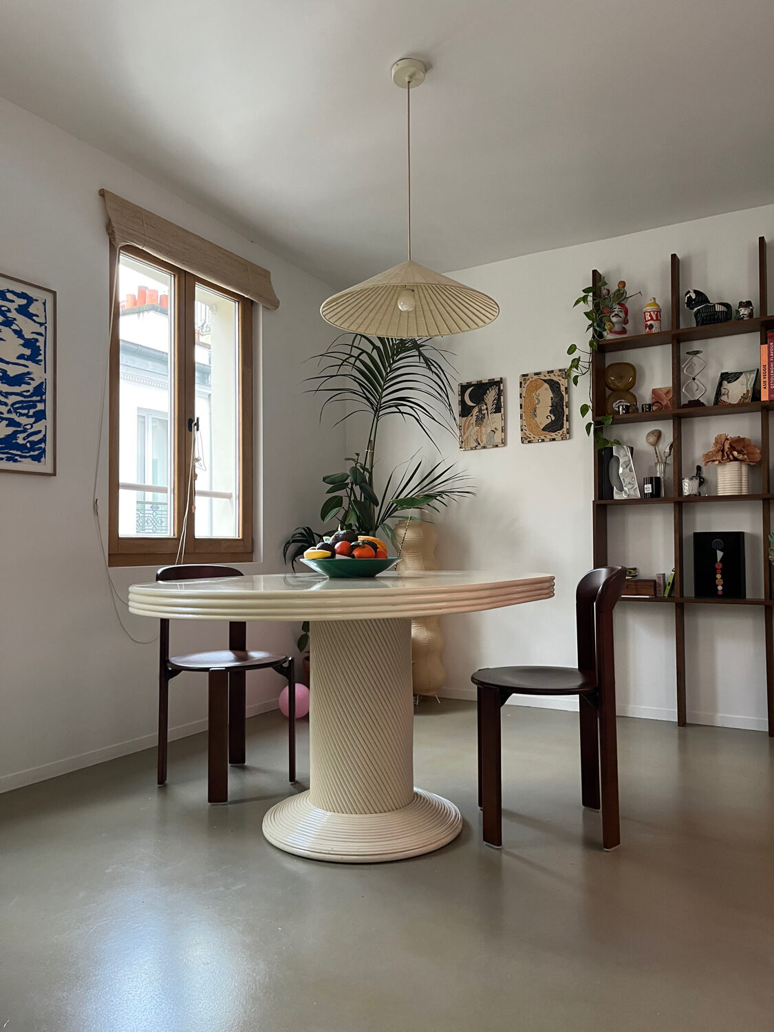Vintage table, beige lacquered top and bamboo legs.