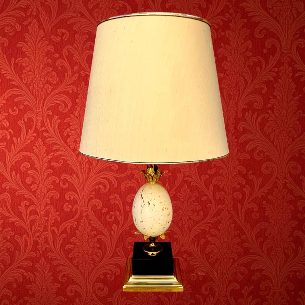 Vintage ostrich egg lamp travertine brass 1970s Maison Charles style
