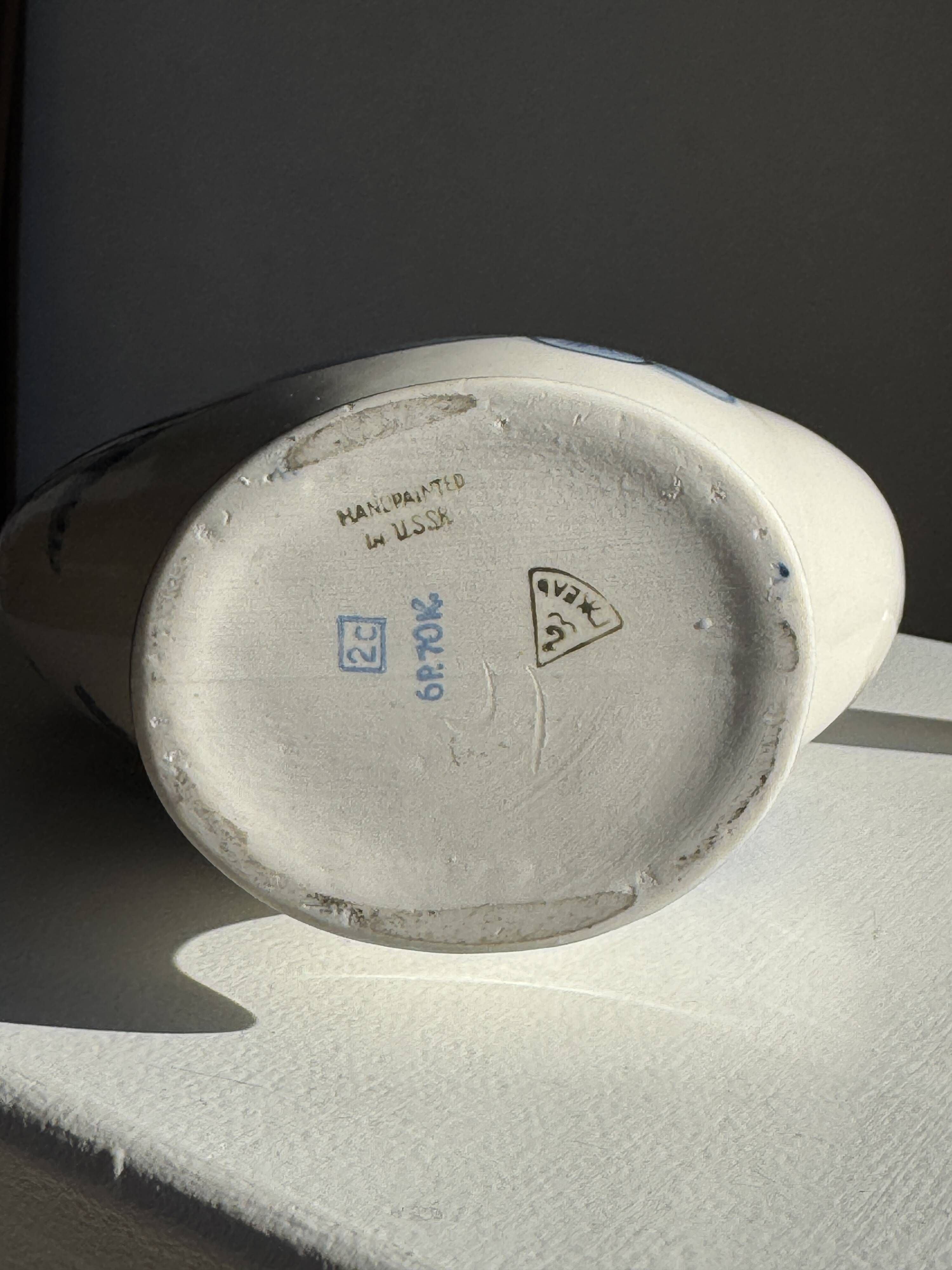 Vintage white ceramic carafe with blue Gjel-style decoration, USSR.