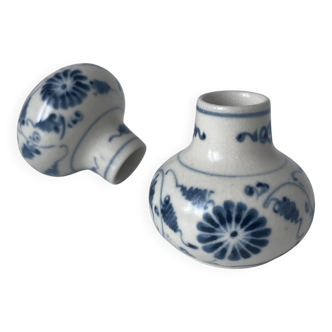 Pair of miniature blue and white Vietnamese ceramic vases with floral decoration.