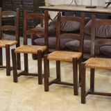 Set of 4 chairs in elm and straw by Aranjou 1950s