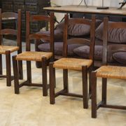 Set of 4 chairs in elm and straw by Aranjou 1950s