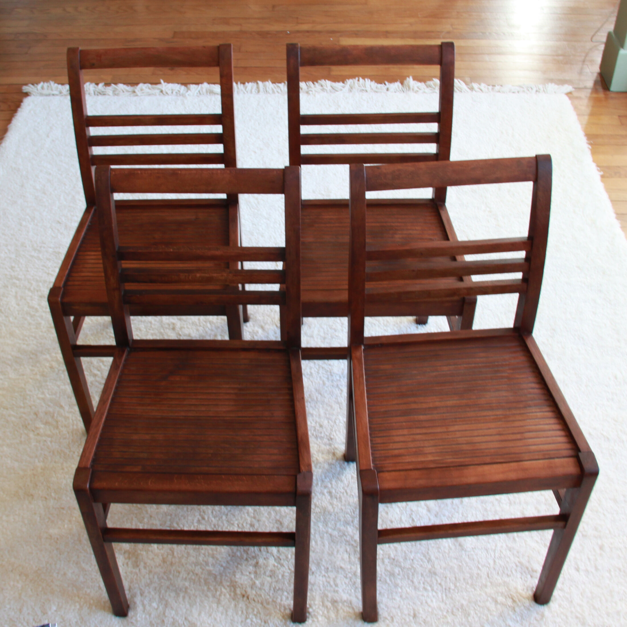 Set of 4 antique chairs waxed wood vintage bistro