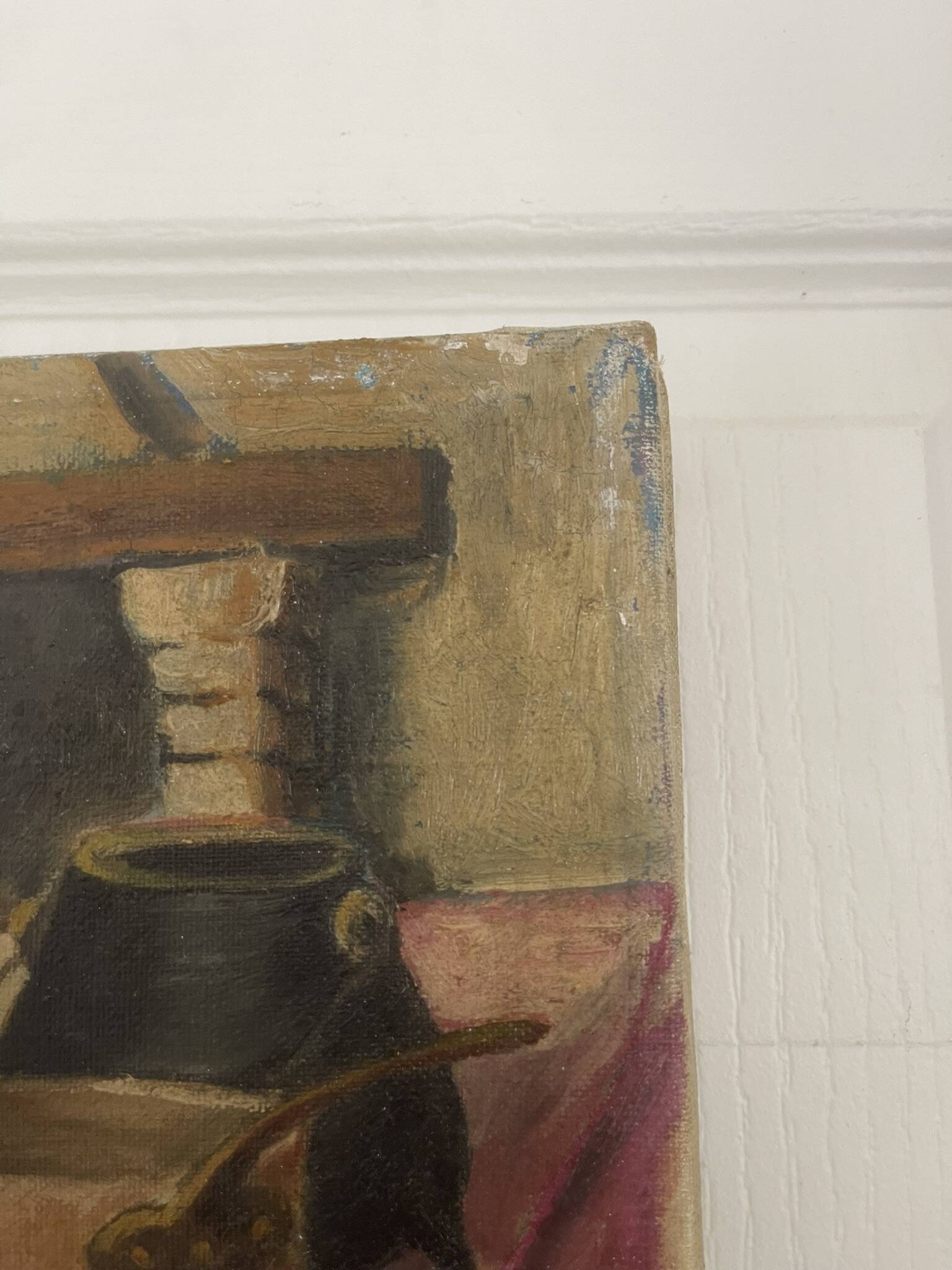 Old oil painting canvas still life kitchen fireplace faraoni