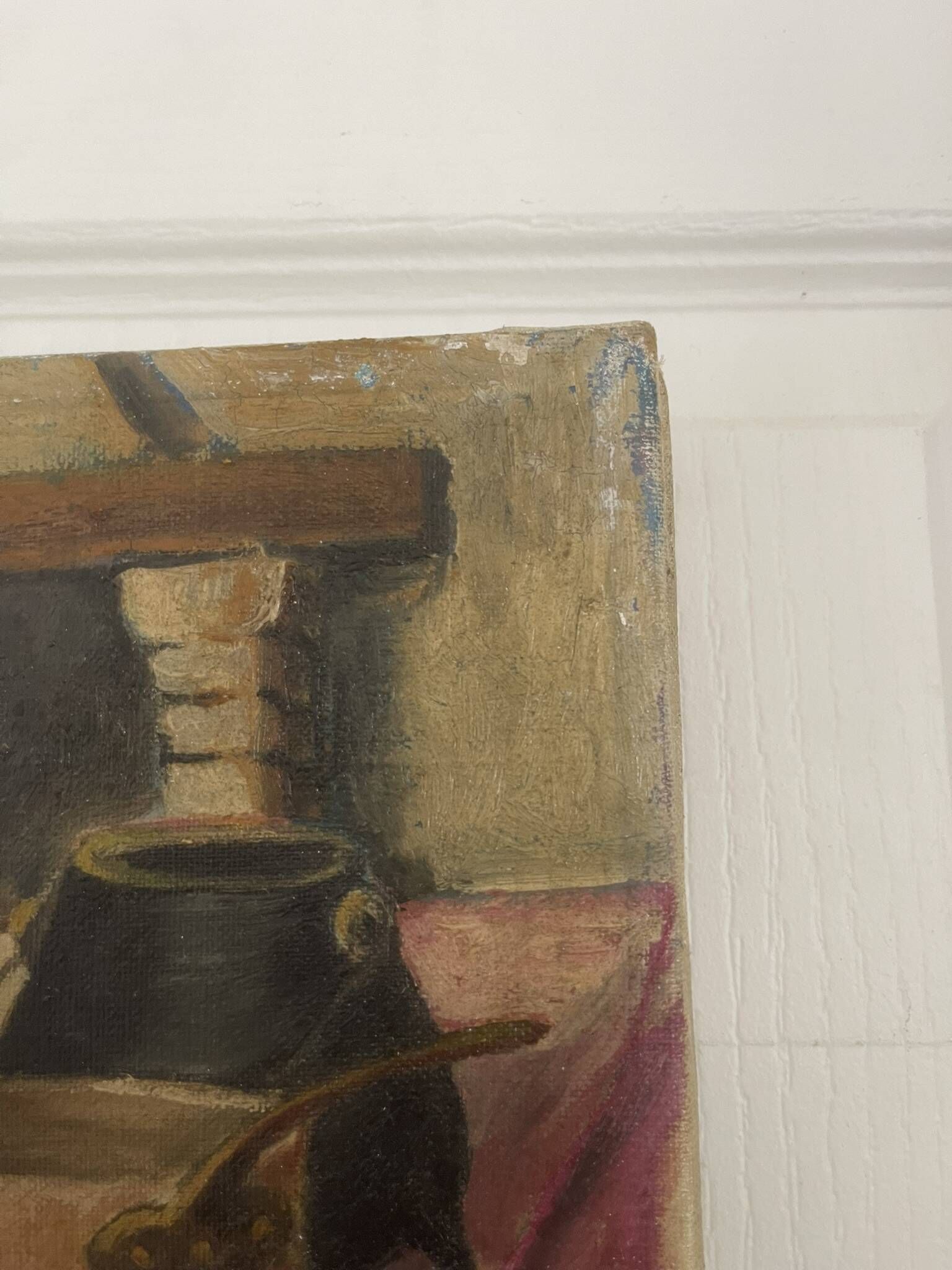 Old oil painting canvas still life kitchen fireplace faraoni