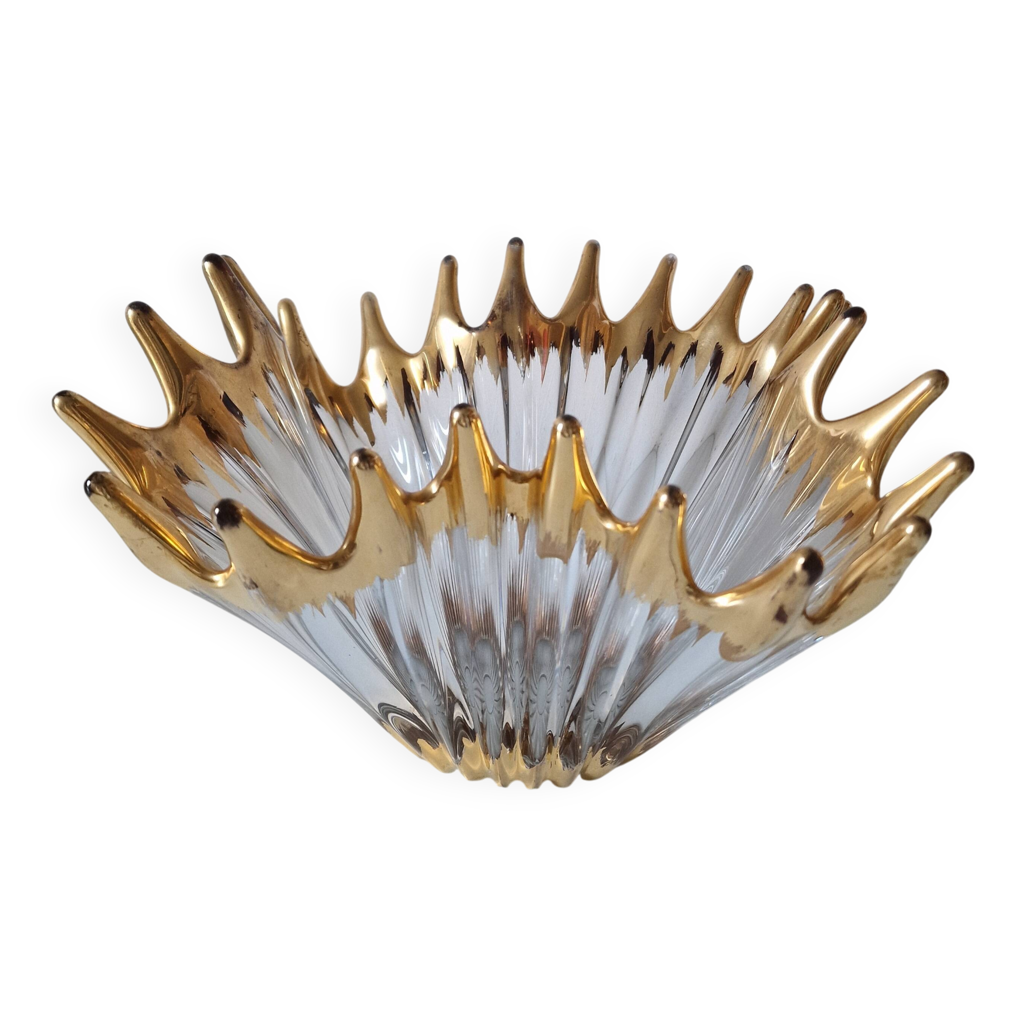 Large vintage crystal bowl from BAYEL with golden tips.