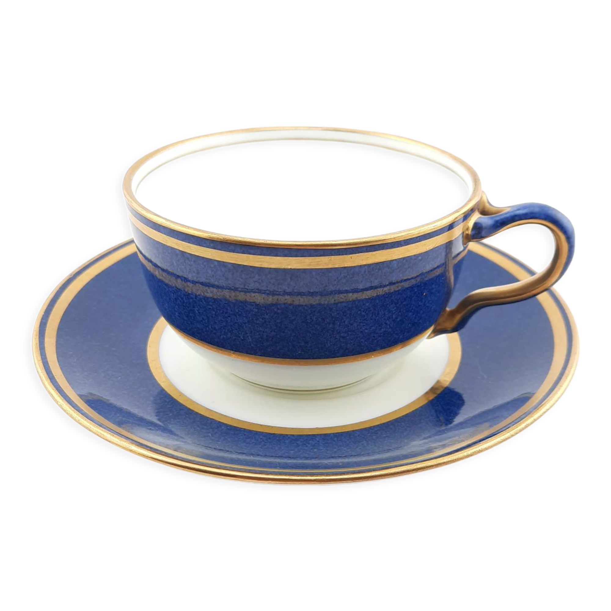 Antique Wedgwood teacup and saucer, bone china. Powder blue and gold English cup and saucer, 1900s