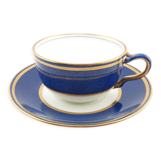 Antique Wedgwood teacup and saucer, bone china. Powder blue and gold English cup and saucer, 1900s