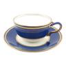 Tasse à thé et soucoupe antique Wedgwood porcelaine d’os. Coupe et soucoupe anglaise bleu poudre et or, années 1900