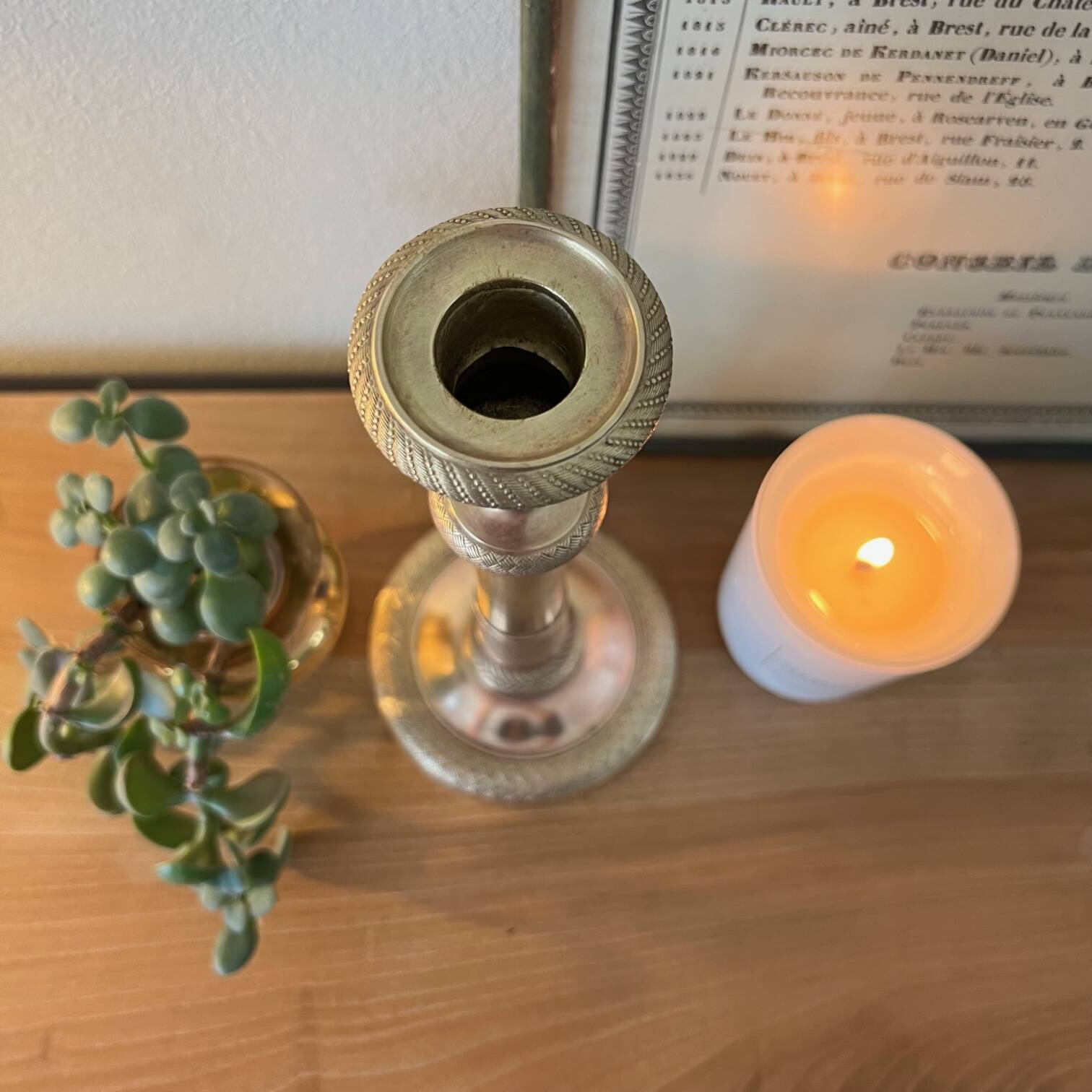 Large chiseled brass candle holder h24 cm