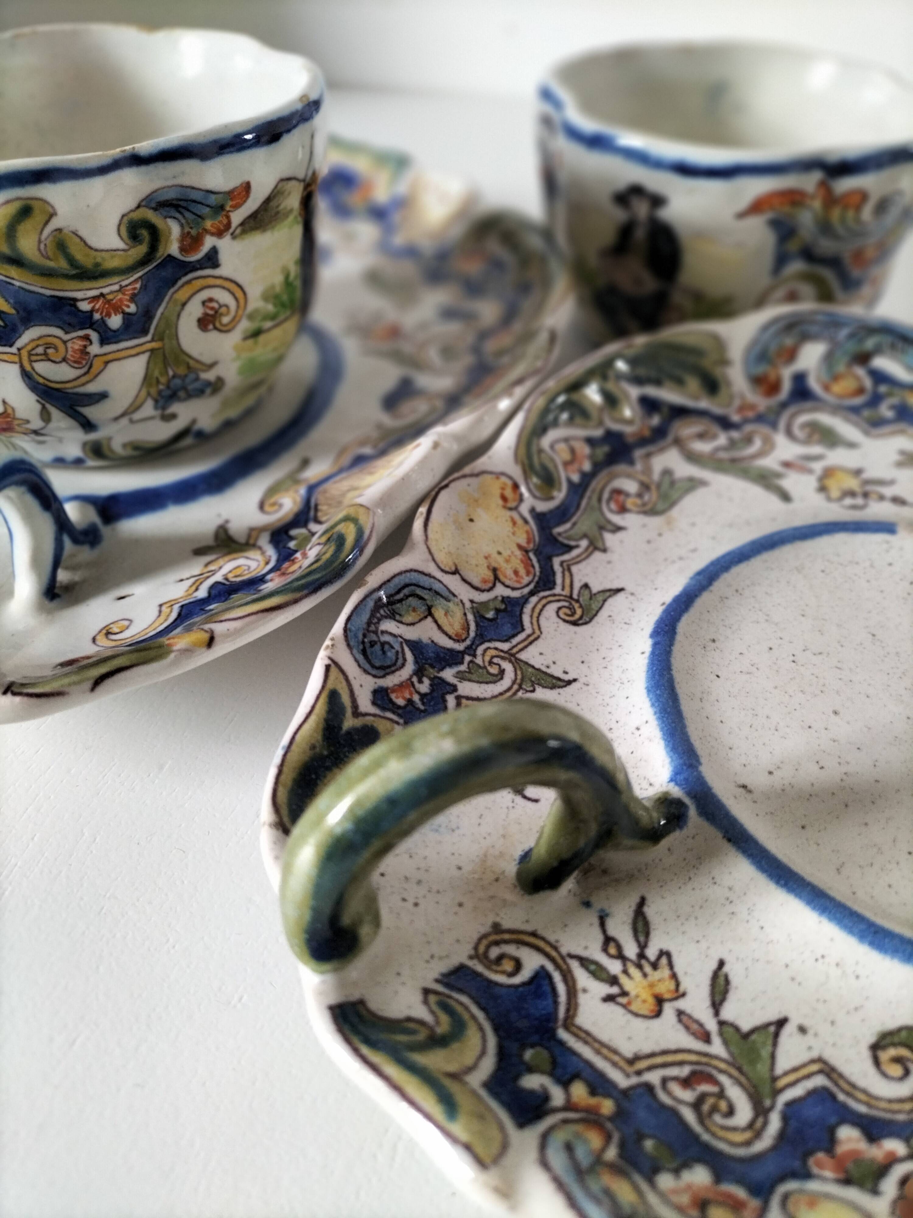 Breakfast set duo Desvres Fourmaintraux regionalist decoration