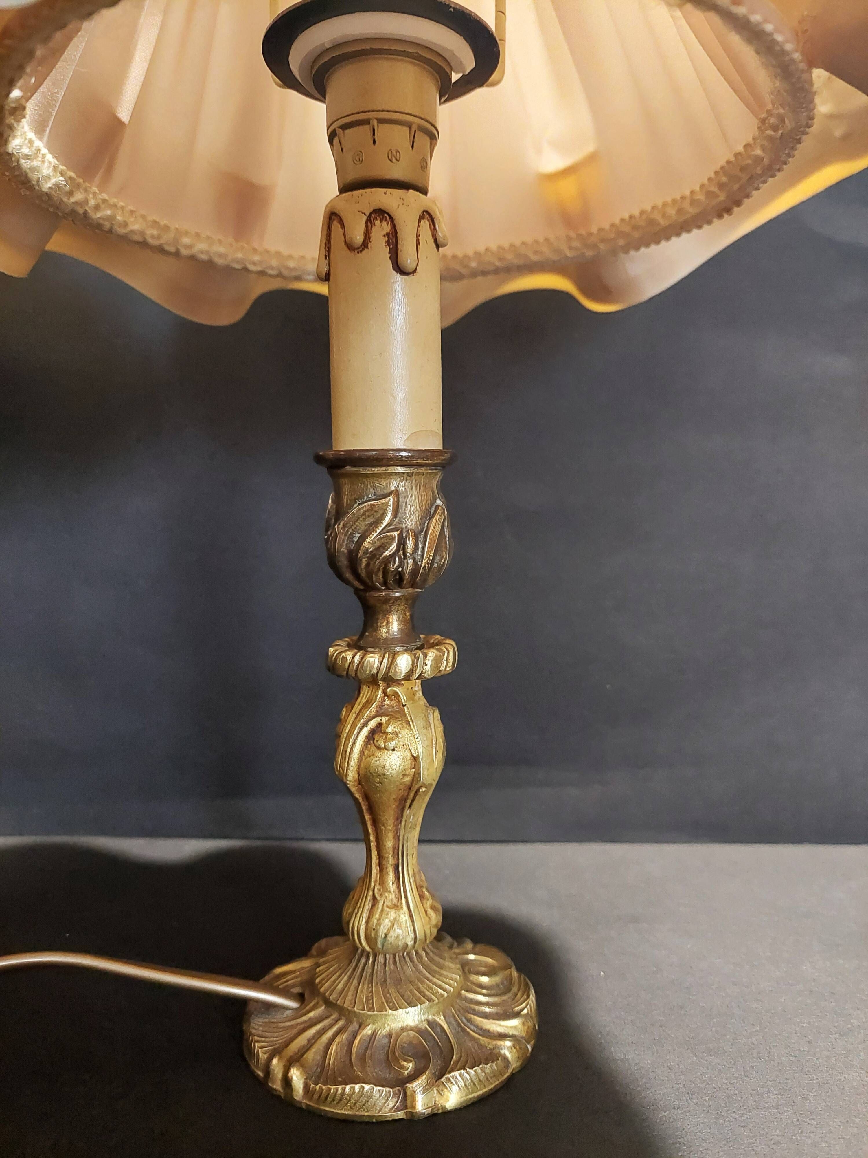 Pair of vintage bedside lamps with brass petticoat shades, 20th century