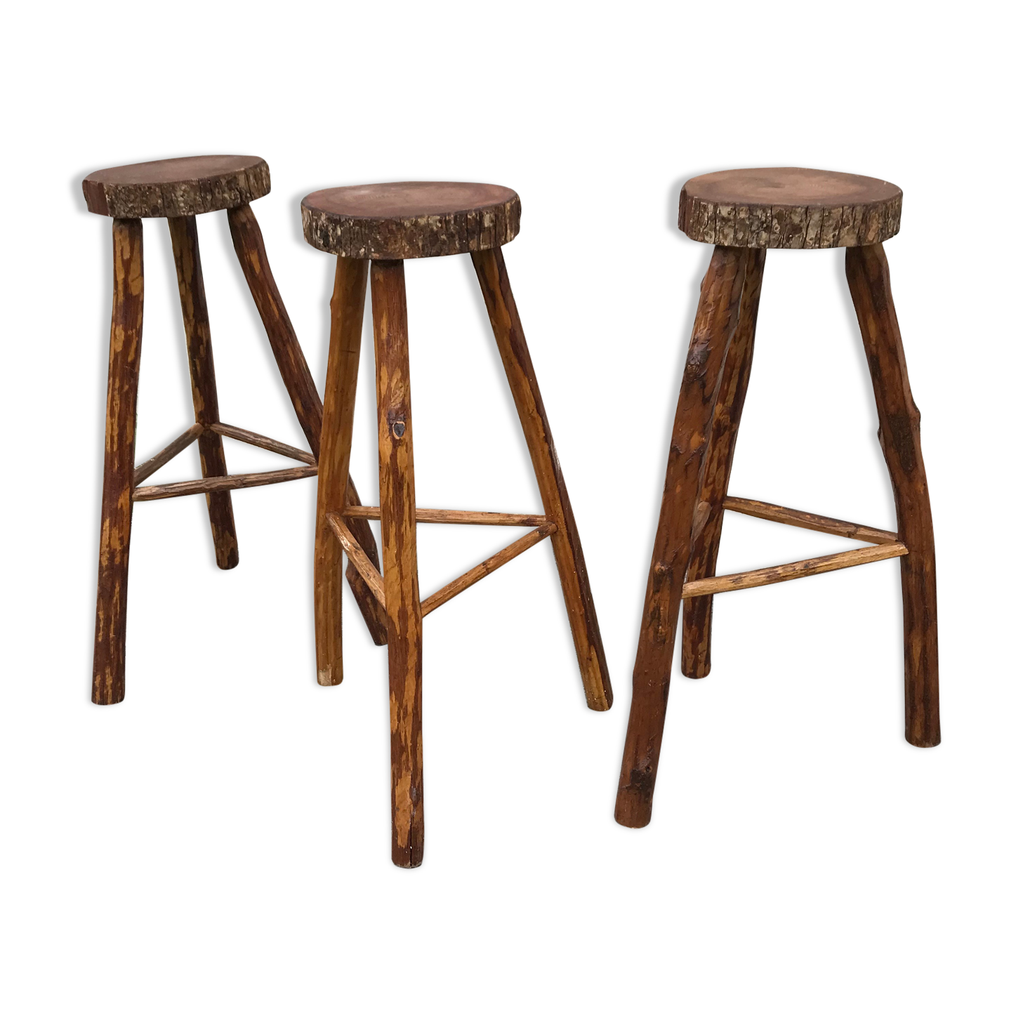 3 bar stools in rough wood