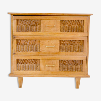 Commode années 50 en bois et rotin