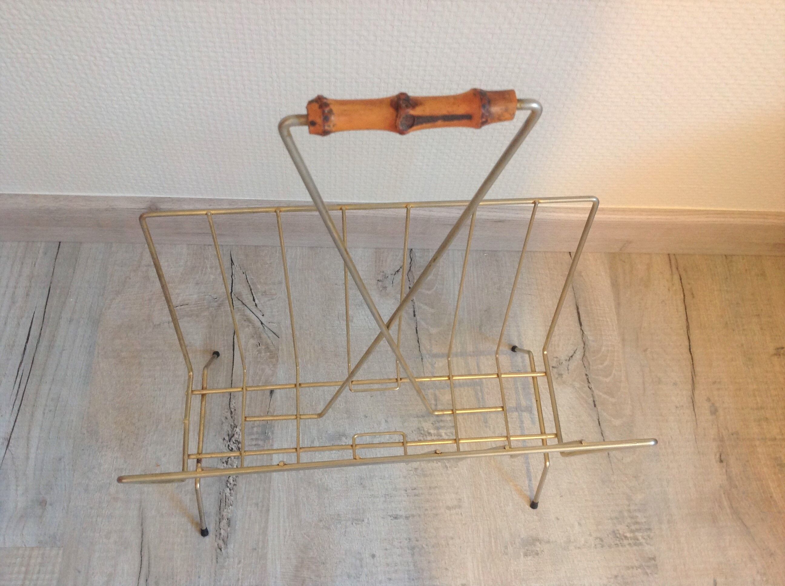 Vintage gold metal magazine door and bamboo handle / vintage 60s-70s