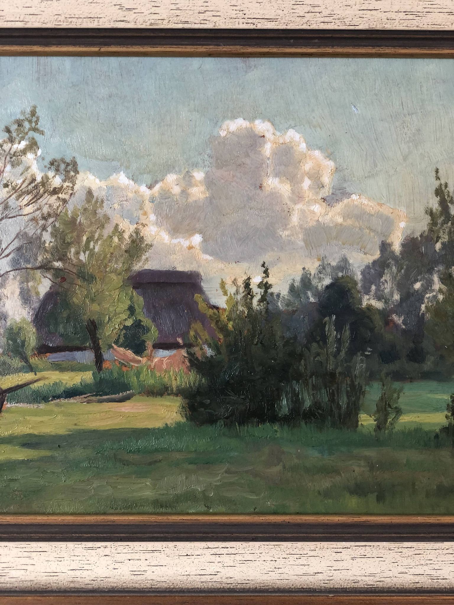 Vintage Original Landscape Oil Painting: Framed Countryside Cottage Art