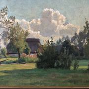 Vintage Original Landscape Oil Painting: Framed Countryside Cottage Art