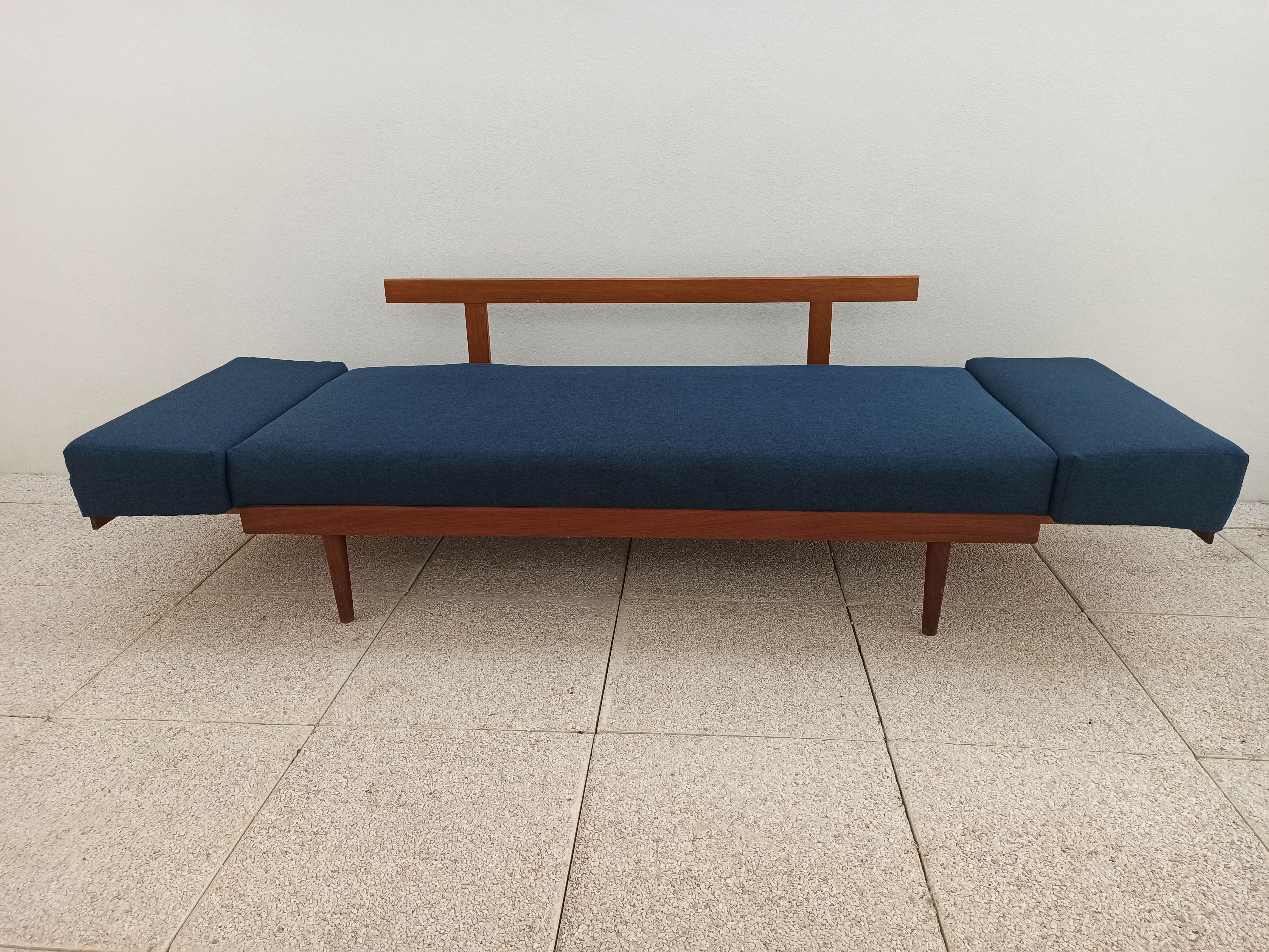 Vintage Norwegian Daybed sofa in teak and petrol blue fabric by Ingmar Relling for