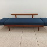 Vintage Norwegian Daybed sofa in teak and petrol blue fabric by Ingmar Relling for