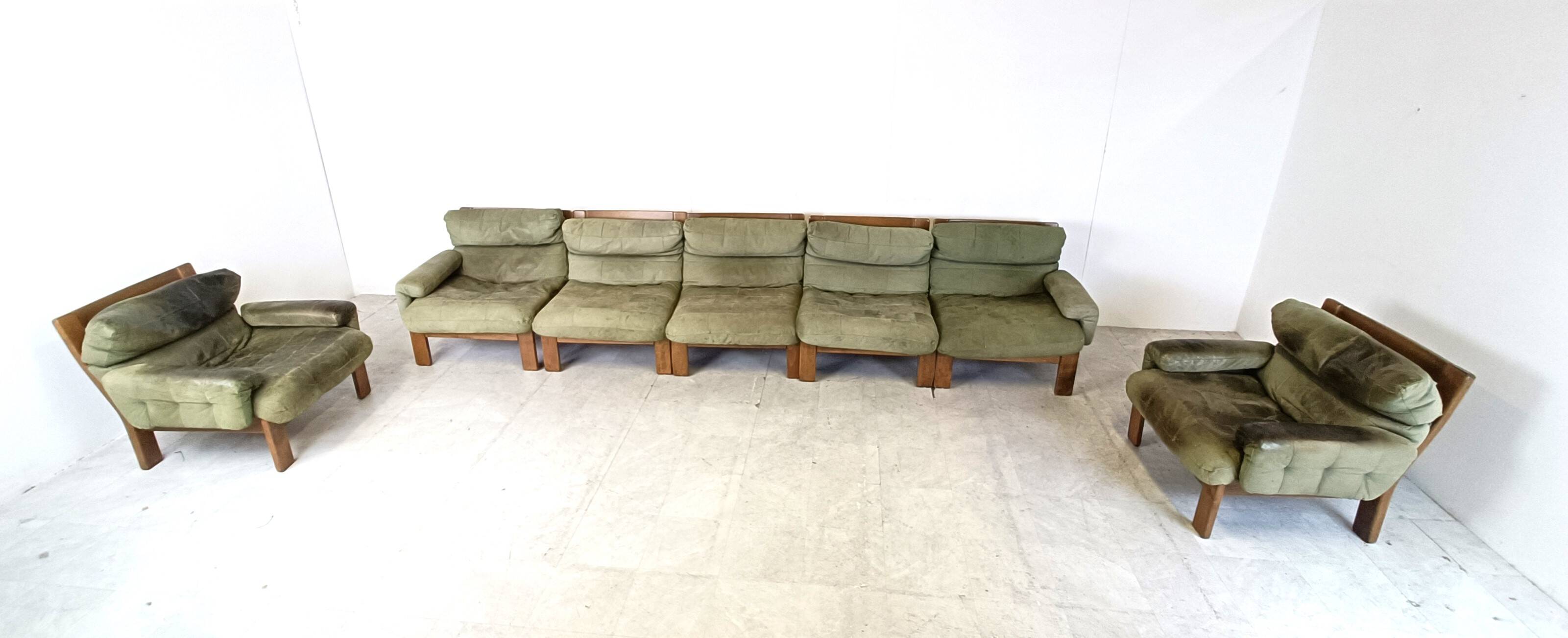 Vintage modular green leather sofa, 1960s