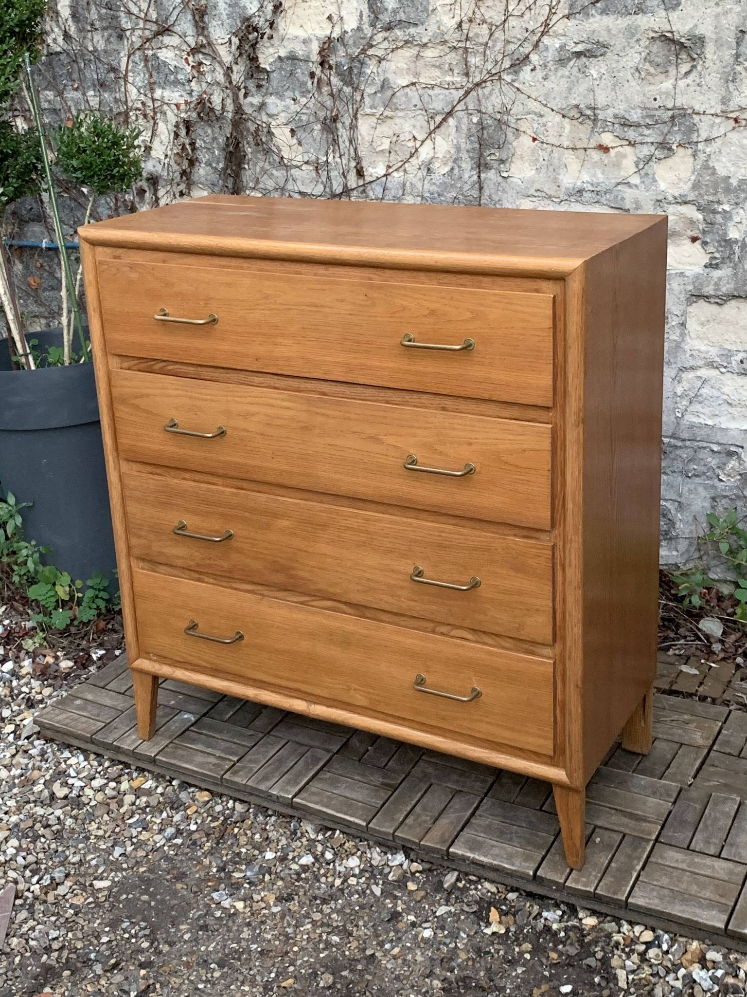 Vintage chest of drawers with compass feet, oak, original patina, 1950s