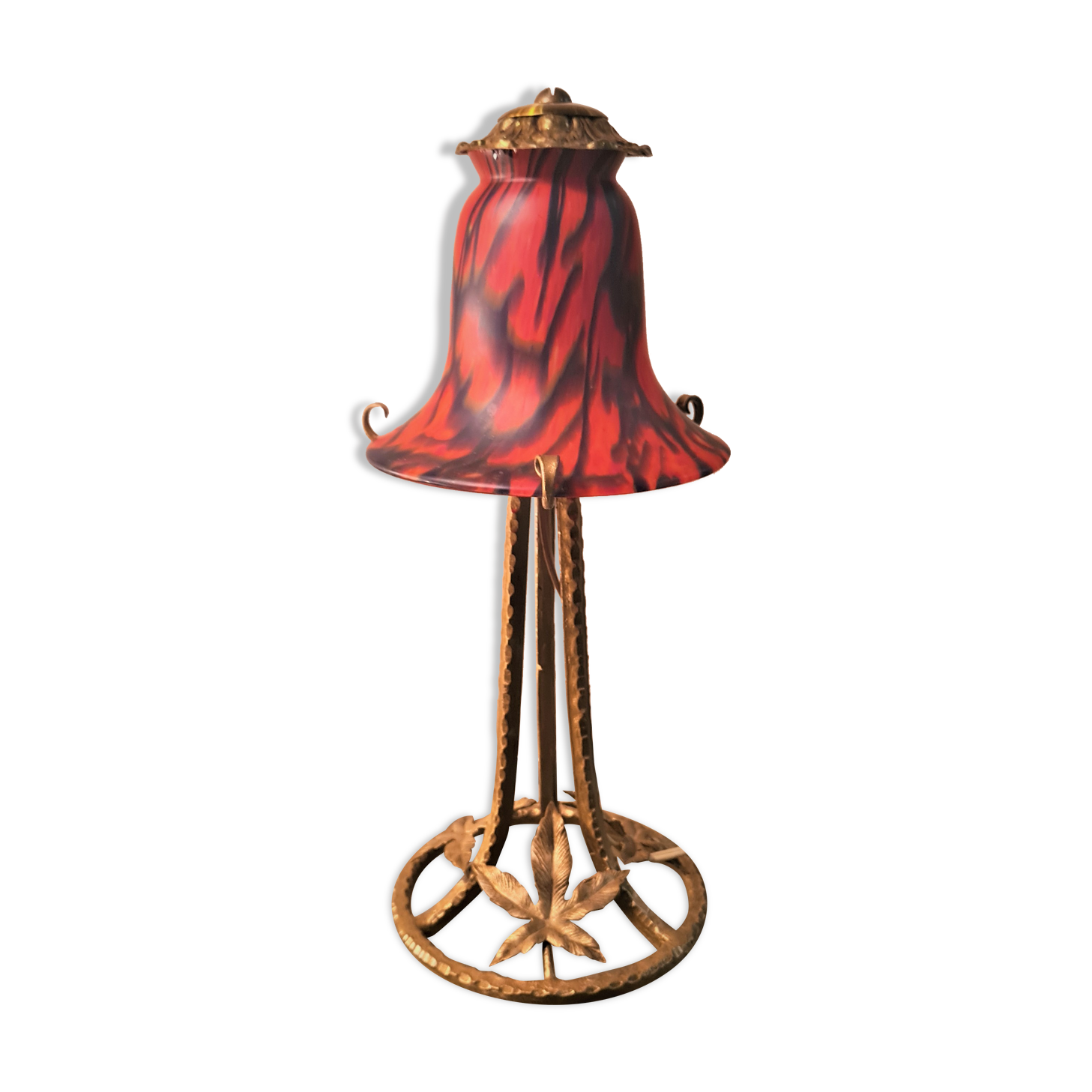 Wrought iron lamp patinated gold with beautiful marbled tulip orange, red, black, very beautiful 35x15 art deco