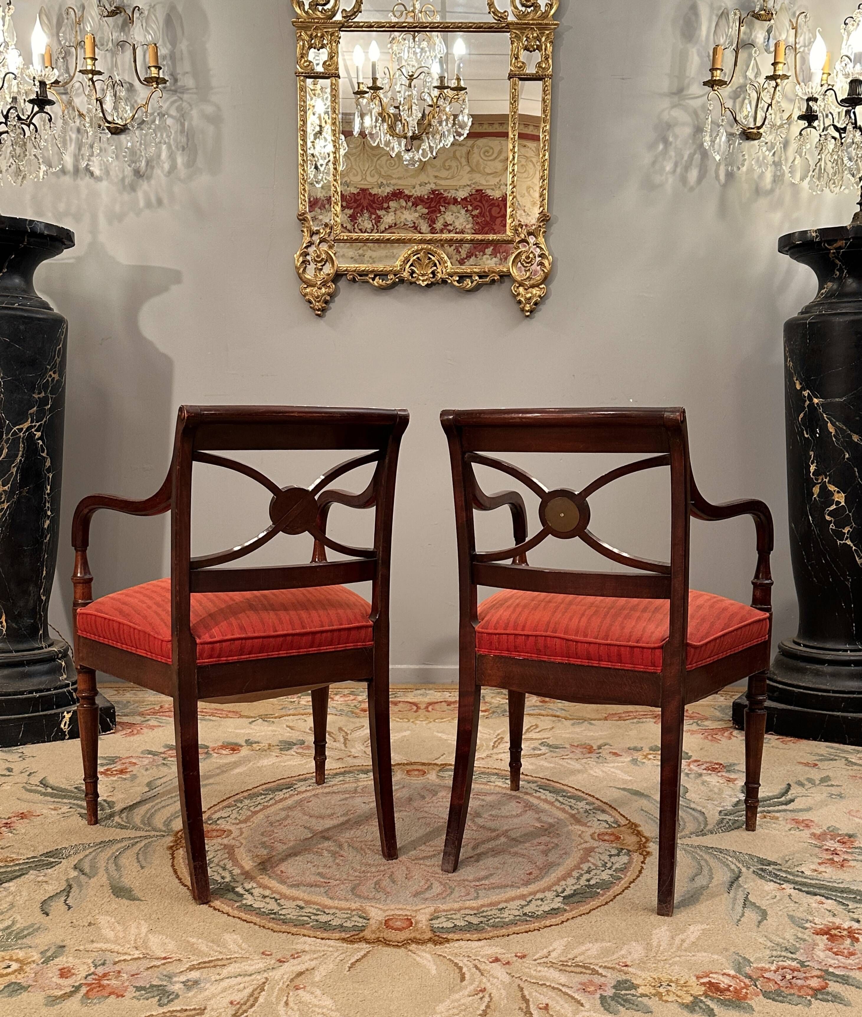 Maurice Hirch, Pair Of Stamped Mahogany Armchairs, 20th Century