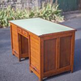 Wooden desk with curtains and sliding drawers, storage unit, vintage desk