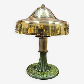 Lampe fonte vernissé et abat jour laiton martelé 1920 art deco 32x23