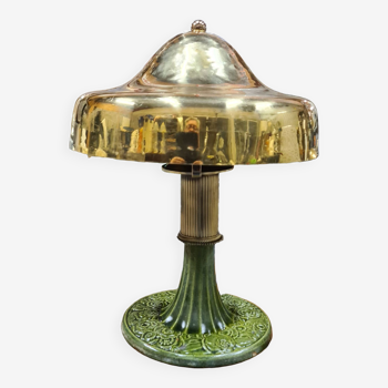 Varnished cast iron lamp and hammered brass lampshade 1920 art deco 32x23