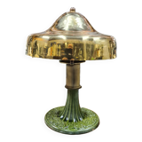 Varnished cast iron lamp and hammered brass lampshade 1920 art deco 32x23