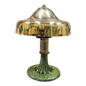 Varnished cast iron lamp and hammered brass lampshade 1920 art deco 32x23