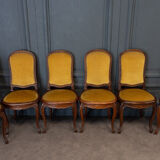 Suite of 6 Louis XV style chairs in walnut nineteenth yellow velvet